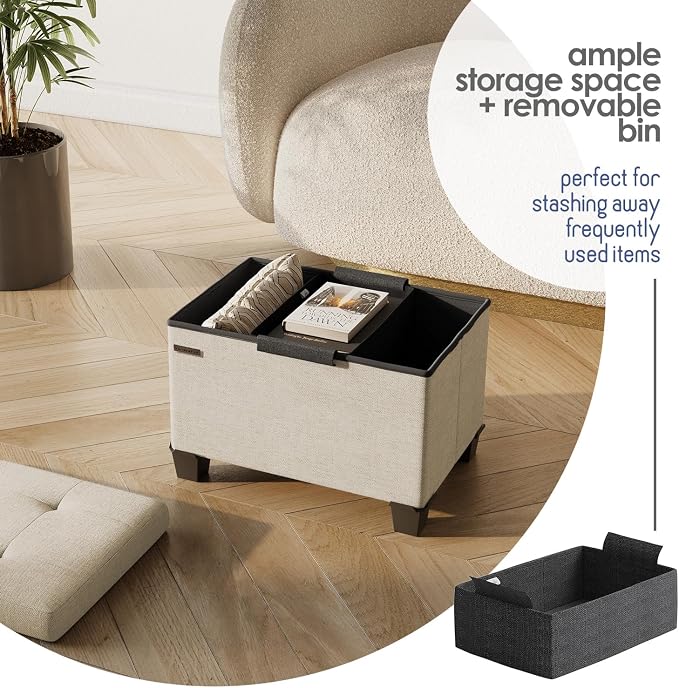 Storage Ottoman Cube with Small Bin, 16-in Square Ottoman with Storage for Living Room and Bedroom, Small Ottomans Foot Rest, Fabric Foot Stools Ottomans Max 330lbs, Beige - Image 3