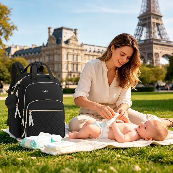 Diaper Bag Backpack, 27L Travel Quilted Baby Bags Unisex | with Changing Pad, Pacifier Bag, Stroller Straps Parents Essentials for Outdoor Trip Hospital & Daily Work, Black - Image 5