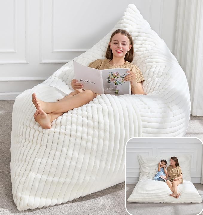 Hobestluk Adult Bean Bag Chair 3 in 1 Convertible Large Bean Bag Sofa | Striped White,Machine Washable,Removable Cover,Easy Convert And Install,Floor Bed,For Livingroom Bedroom by YourHomeDeservesMore