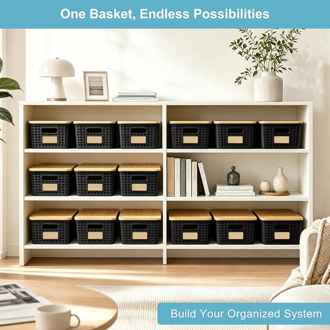Small Plastic Storage Bins with Bamboo Lids 5.2qt Stackable Box Basket Pantry Decorative Containers Cute with Lable for Organizing Desktop Closet Office Black of 6 packs 10 * 7.2 * 4.1" - Image 6