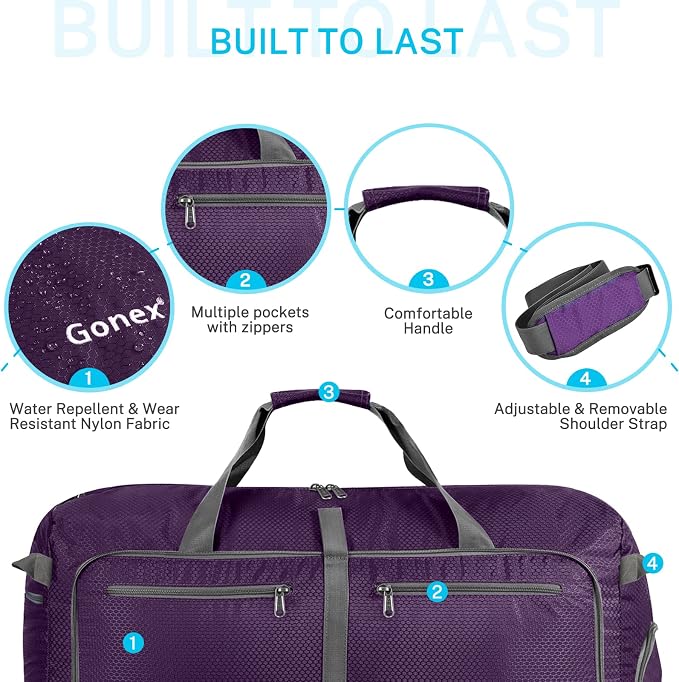 Gonex 100L Foldable Travel Duffle Bag with Shoe Compartment, Lightweight | 210D Nylon, Water-Repellent, Folds Compact, Multiple Pockets, Luggage Sleeve,Family Travel & Camping, Purple - Image 6