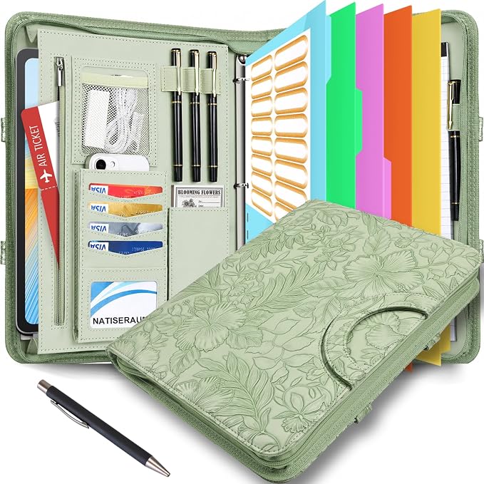 Padfolio, Portfolio Binder 3-Ring, Vegan Leather Portfolio for Students with Notepad Includes 5 Sheet Protectors for Documents Files, 1 Pen and 1 Detachable Shoulder Strap by NATISERAUM