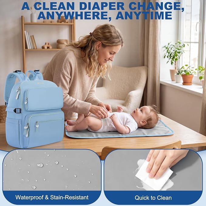 IBVIVIC Diaper Bag Backpack with Portable Changing Pad, Light Blue | Multifunctional Baby Bag for Mom Dad, Large Capacity, Stroller Straps, Insulated Bottle Pockets & Pacifier Case - Image 5