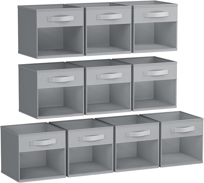 DIMJ Storage Cubes, Cube Storage Bin, 10 Pack Foldable Storage Cubes with Window, Closet Storage Bins with Handle, 11x 11 inch Storage Box for Clothes, Toys, Books (Grey) by DiMJ