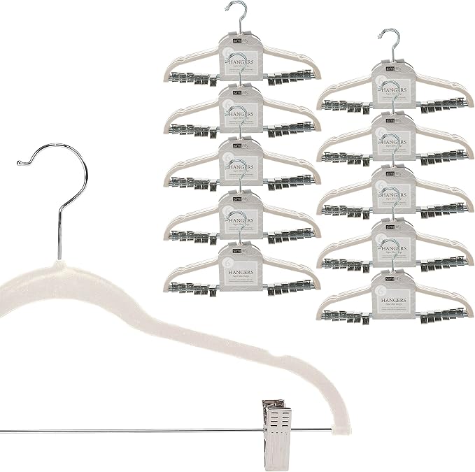 Simplify 60 Pack Velvet Hangers with Clips | Skirt and Pants | Slim Space Saving | Closet Organization | Non-Slip | Prevent Creases | Swivel Neck | Durable | Ivory by Simplify