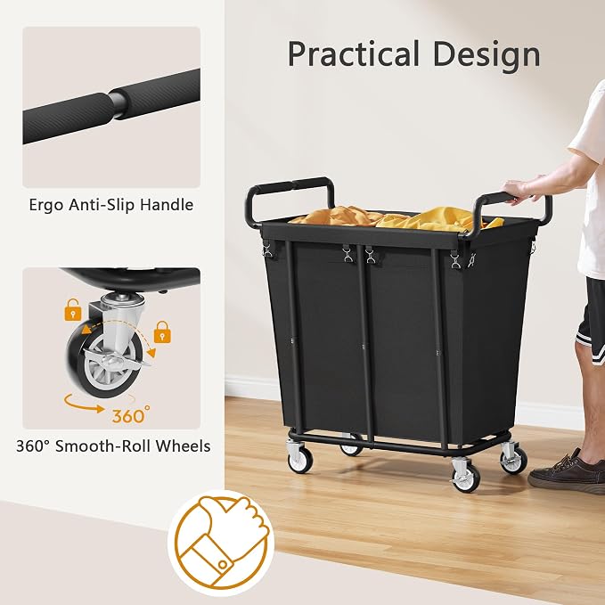 Gewudraw Medium Laundry Hamper with Wheels, 250L, Black | Rolling Laundry Basket, Heavy Duty Rolling Laundry Cart with Handle, Steel Frame, Waterproof Liner, 66 Gallons - Image 6
