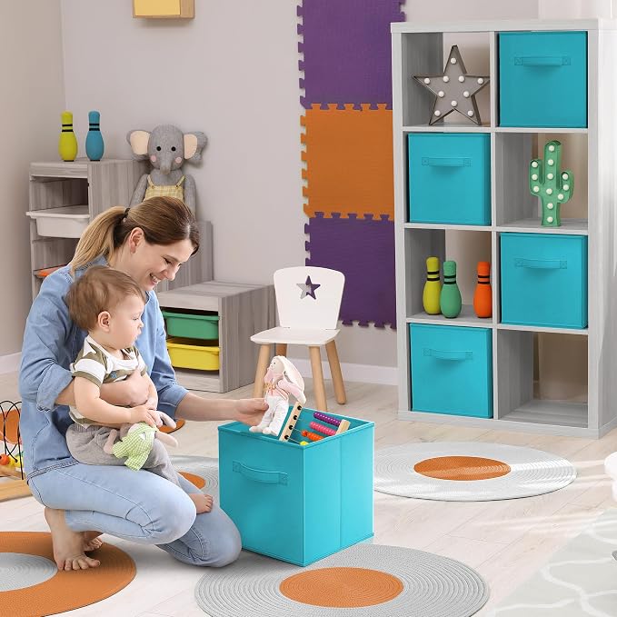 Sorbus Foldable Storage Cubes - 6 Fabric Baskets for Organizing Pantry, Closet, Shelf, Nursery, Playroom, Toy Box, Cubby - 11 Inch Dual Handle Collapsible Closet Organizers and Storage Bins (Aqua) - Image 2