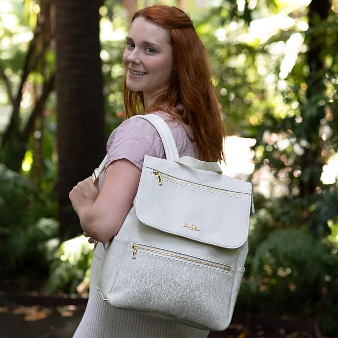 Premium Vegan Leather Diaper Bag Backpack – Large Designer Baby Bag, Stylish Diaper Backpack with Stroller & Crossbody Straps & Multiple Compartments (Ivory) - Image 2