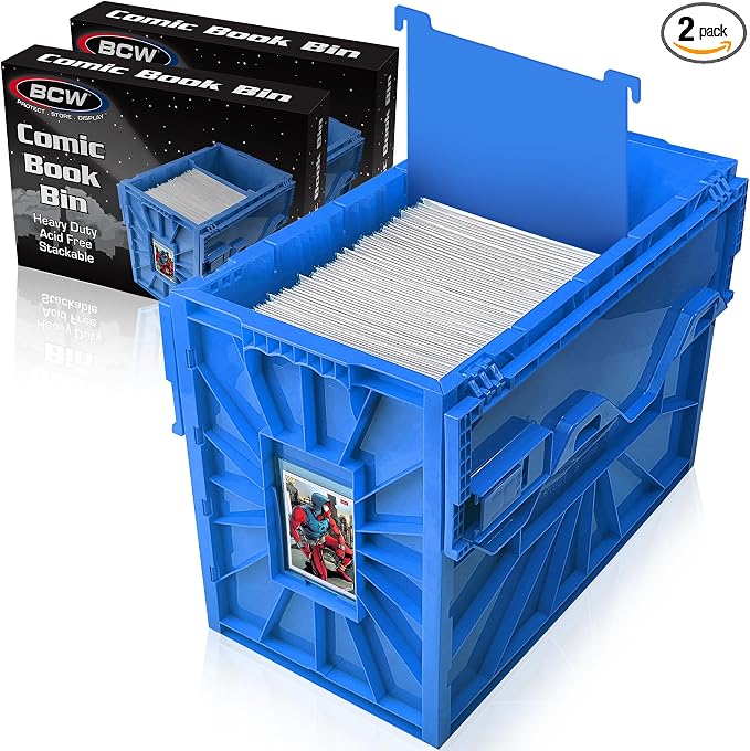 BCW Short Comic Book Bin, Holds 150 Comics Each, Blue, 2 Pack | Each acid-free plastic bin holds 150 Current or Silver Age comics with a locking lid, movable partition, and ID slot. by BCW