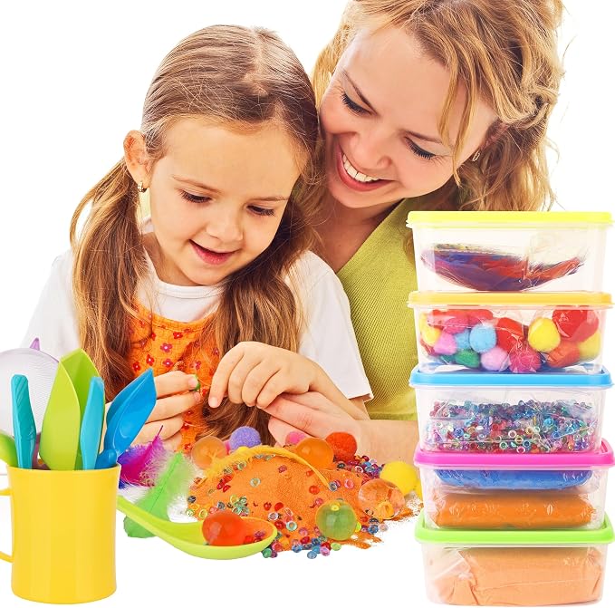 Sensory Kit for Toddlers and Kids - Includes 6 Bins with Lids, Play Tools, Sand, Feathers, Clay, Color Beads and Pom Poms Kids Box Fillers - Image 6