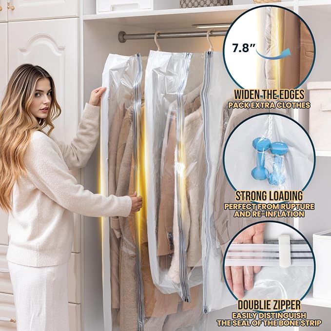 TAILI Hanging Vacuum Storage Bags for Clothes Space Saver 6 Combo Cream | Vacuum Seal Bags for Clothing Travel, Winter Clothes Storage Closet Organizers, Garment, Coats, Suits and Jackets - Image 3