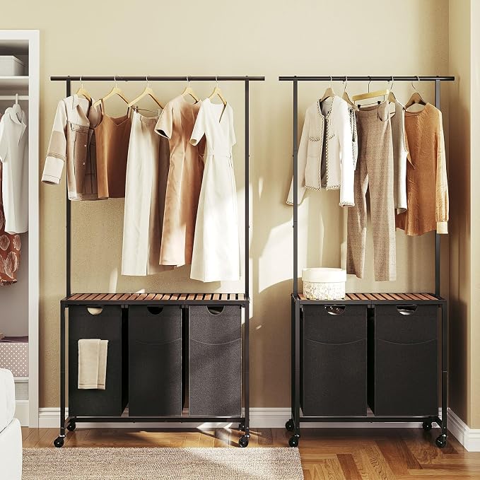 Laundry Sorter 3 Section, Rolling Laundry Hamper with Hanging Rack, Laundry Sorter with Wheels, Hampers for Laundry, Laundry Basket Organizer for Laundry Room, Rustic Brown LS37BR - Image 3