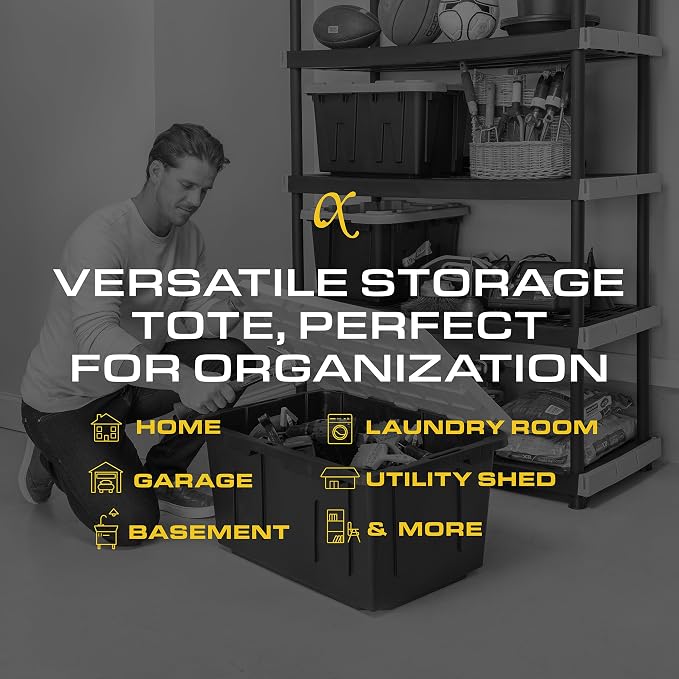 CX Heavy Duty 27-Gallon Stackable Plastic Storage Bins with Lids, 4 Pack | Storage totes for garage organization, Stackable containers, weather-resistant, snap lid, 14.3H x 20.6W x 30.6D, Black/Yellow - Image 6