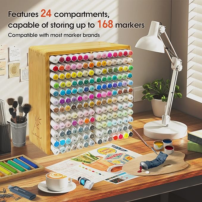 Marker Organizer for 168 Markers,Bamboo Wooden Desk Storage Organizer Rack,Markers Pens Pencils Art Brushes Storage Holder for Home Classroom Office Decor. - Image 2