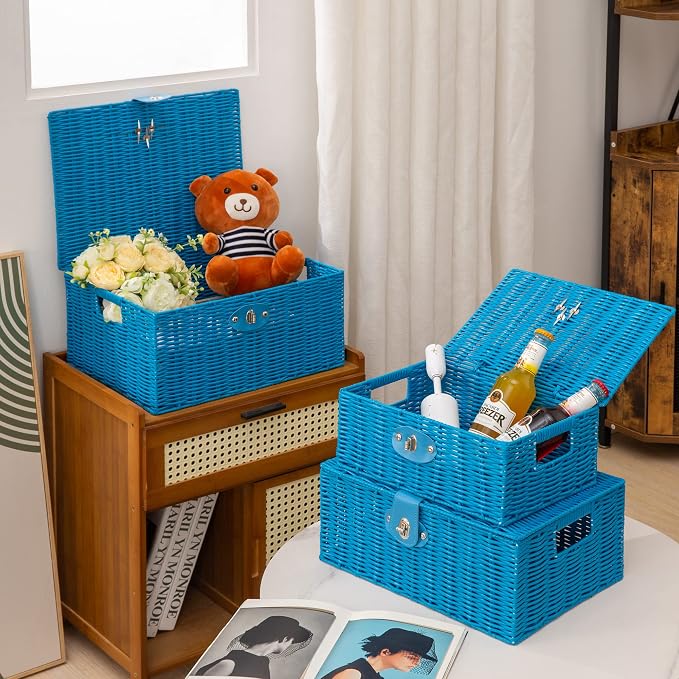 Set of 3 Woven Wicker Storage Basket Box with Lids & Lock, Built-in Carry Handles, Multifunctional Storage Organizer for Nursery, Baby, Clothes, Toys, Books, Large/Medium/Small Size (Blue) - Image 5