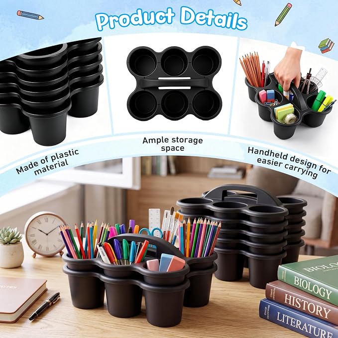 Novabright 12 Pack Classroom Caddy, Stackable Plastic Caddy Storage Basket with Handle for Kids, Table Desk Office Arts, Crafts, Crayon, Marker, Pencil, School Supplies (Black) - Image 5