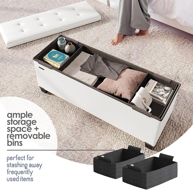 Storage Ottoman Bench with Bins, 43-in Storage Bench for Bedroom End of Bed, Folding Foot Rest Ottoman for Living Room Max 660lbs, Faux Leather Ottomans, Cream - Image 3