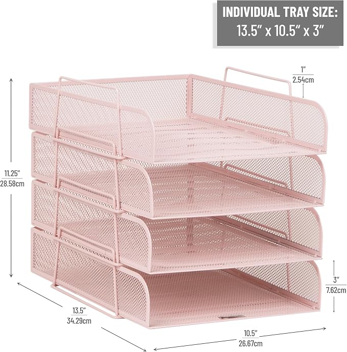 Mind Reader Stackable Paper Tray, Desktop Organizer, File Storage, Office, Metal Mesh, 10.5" L x 13.5" W x 11.25" H, 4 Pcs., Pink - Image 3