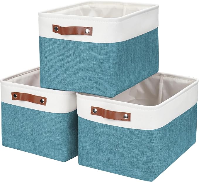 Storage Bins Large Fabric Storage Baskets for Shelves 3 Pack, Decorative Linen Closet Baskets with Handles for Organizing, Shelf, Clothes, Home, Office, 15x11x9.5Inches (Teal&White) by Bagnizer