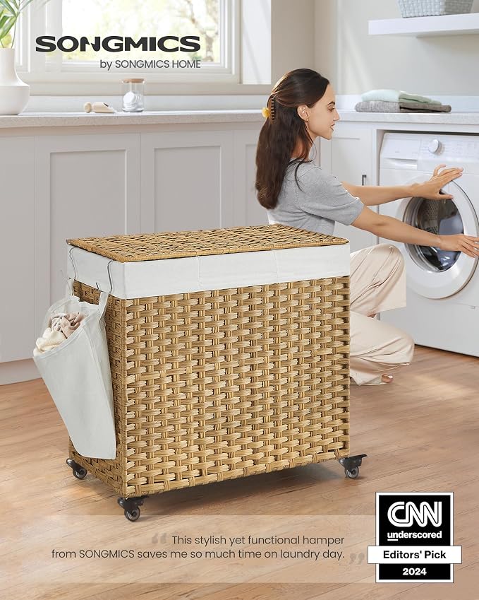 SONGMICS Rolling Laundry Hamper with Lid, 140 L 3-Section Synthetic Rattan | Laundry Basket with Wheels, Removable Liner, 26 x 13 x 26 Inches, Natural, ELIOTT Collection ULCB363N01 - Image 2