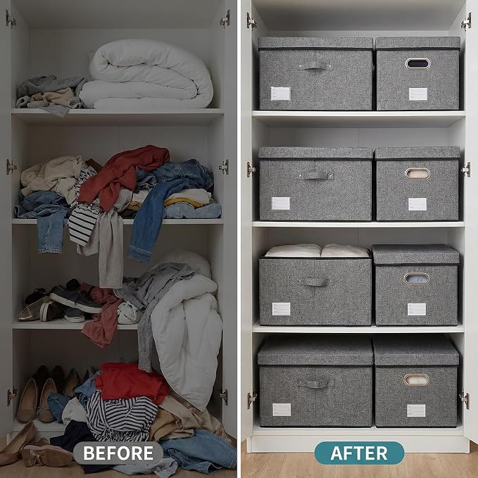 Storage Bins with Lids [3-Pack] Linen Fabric Foldable Storage Boxes Organizer Containers Baskets Cube with Cover for Bedroom Closet Office Grey(23.4X15.9X11.4) - Image 5