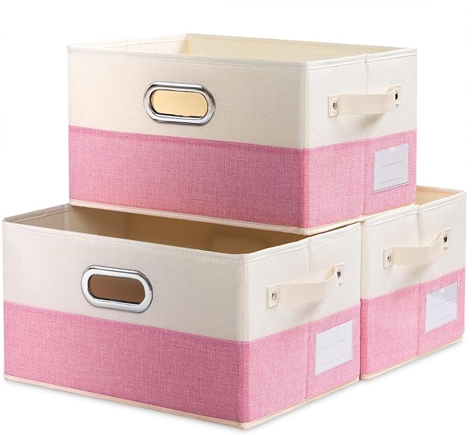 Large Collapsible Storage Baskets for Closet [3-pack] Decorative Fabric Storage Bins Cubes with Leather/Metal Handles for Shelves Bedroom Living Room Pink&Cream (14.9x9.8x8.3 Inch) by Prandom