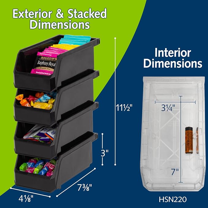 Small Stackable Plastic Storage Bins, 12-Pack, Black | Open-Front Stackable Bins For Garage, Pantry, Closet & Office, 7"L X 4"W X 3"H, Nests When Empty, Durable Plastic - Image 2