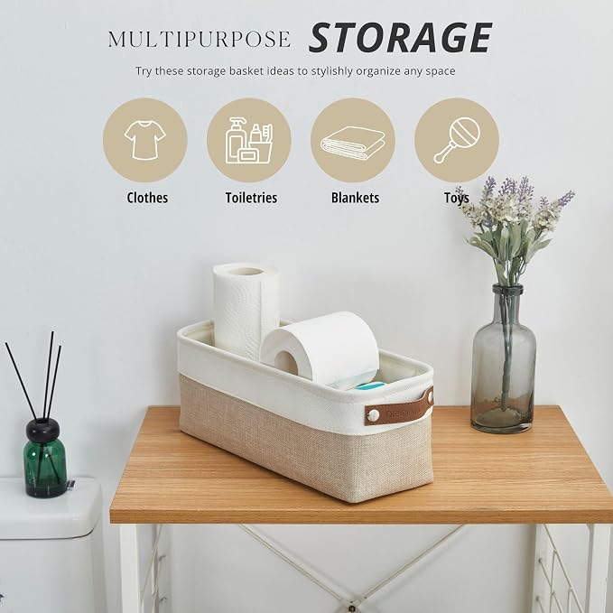 DECOMOMO Narrow Storage Bins, Small Storage Baskets for Shelves 4 Pack | Baskets for Organizing Bathroom, Toilet Tank, Gifts (Beige & White) - Image 2