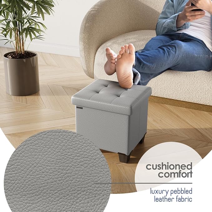 Storage Ottoman Cube with Small Bin, 15-in Square Ottoman with Storage for Living Room and Bedroom, Small Ottomans Foot Rest, Leather Foot Stools Ottomans Max 330lbs, Light Grey - Image 7