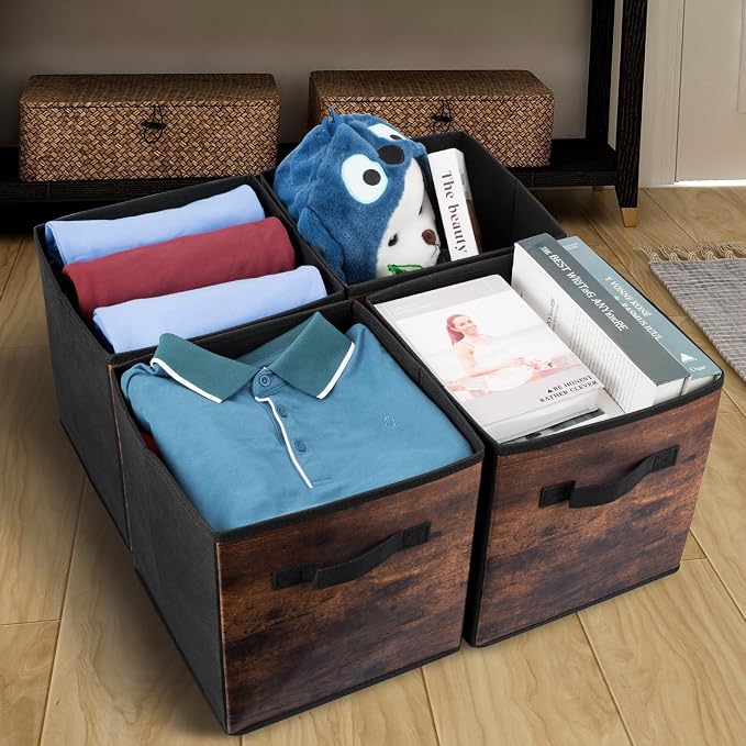 EWES 11 Inch Fabric Storage Cubes, 8 Pack Foldable Storage Bins with Handle, Storage Baskets Box for Shelves, Closet, Organizer, Rustic Brown and Black - Image 7