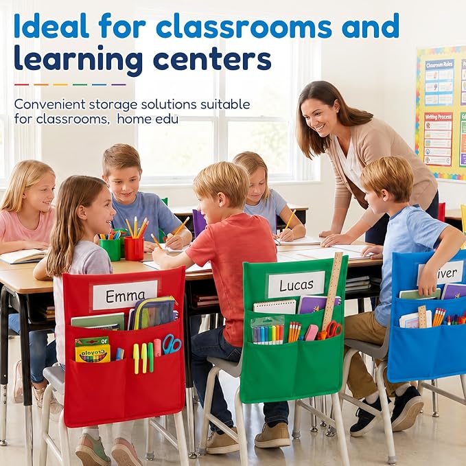 LACCHOUFEE Chair Pockets for Classrooms, 16" X 19" Seat Pockets for Classroom Chairs K-2, 12 Pack Chair Bags Organizer with Name Tag for Student Classroom Chair Back Storage in School, Multicolor - Image 7