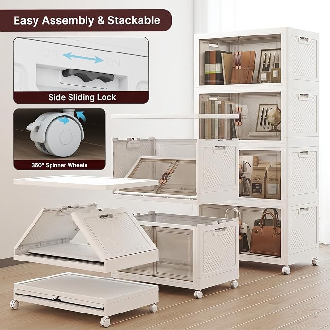 Stackable Storage Bins with Lids, 440QT Lockable Storage Cabinet | Closet Organizers, Foldable Storage Box with Doors and Wheels, Plastic Drawers for Home, Garage, Office (4, White, Plus) - Image 2