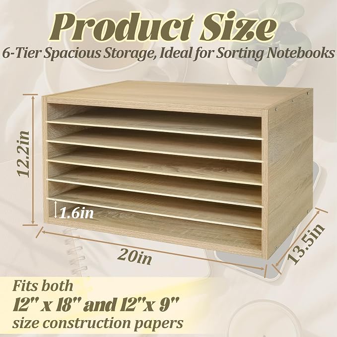 Construction Paper Organizer 20" x 13.5" x12.2",Soild Wooden Paper Organizer with 6-Tier Letter Trays, Desktop File Papers Sorter for Home, Classroom and Office (White Oak) - Image 2