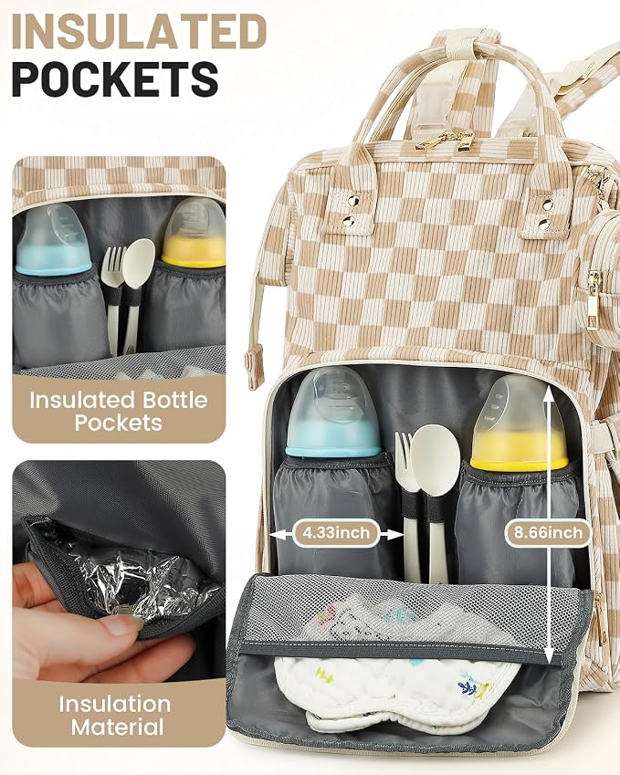 Corduroy Diaper Bag Backpack, Large Capacity Multifunction Baby Diaper Bags for Women, Insulated Bottle Pockets & Pacifier Case, Stylish Travel Nappy Changing Bags for Mom Dad (Checkered Brown) - Image 3