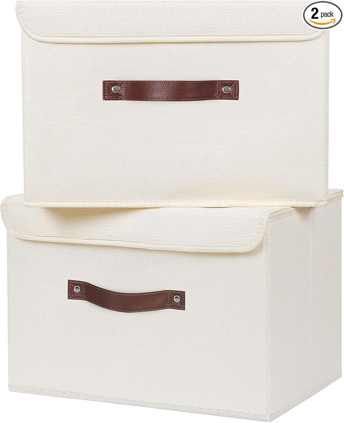 ANMINY Fabric Storage Box Bins with Lids, Beige, 15"x10"x10", 2 Pack | Keepsake Memory Storage, Cotton Linen, PP Board Reinforced, Washable, PU Handles, Foldable & Stackable, Decorative, Large by ANMINY