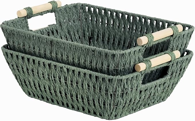 StorageWorks Wicker Storage Basket, Baskets for Storage, Bosana Green | Wicker Storage Baskets for Shelves, Baskets with Wooden Handles, 2-Pack Gifts Basket for Home Decor, Hand-Woven Basket by StorageWorks