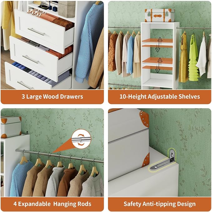 Fastgo Closet System with Drawers, 5-9FT Closet Organizer System with 4 Expandable Rods & Adjustable Shelves for Walk in Closet, 96” Built in Closet System Tower, Small Closet Storage System, White - Image 4
