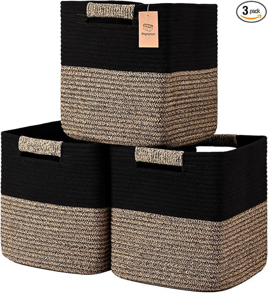 11 Inch Storage Cubes, 3 Pack Cube Storage Bins for Organizing, Cotton Rope Woven Baskets for Shelves, Bathroom, Kids Room, Closets, Baby Nursery by Degeyoyo