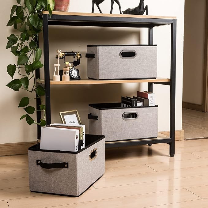Fodable Storage Baskets for Closet [5-pack] Decorative Fabric Storage Bins Cubes with Leather/Metal Handles for Shelves Bedroom Living Room Light Grey (11.5x8.5x6.7 Inch) - Image 3