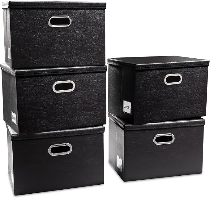 Foldable Storage Bins with Lids [5-Pack] Leather Fabric Collapsible Storage Boxes Organizer Containers Baskets Cube with Cover for Bedroom Closet Office Nursery Black (14.9x10.8x10) by Prandom