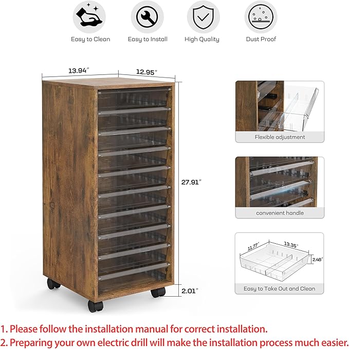 Storage Drawer Cart, Mobile Storage Cabinet, Makeup Storage with 10 Large Clear Drawers, Utility Wooden Rolling Cart on Wheels, for Cosmetic, Art Craft, Office Supplies, Toy, Brown - Image 3
