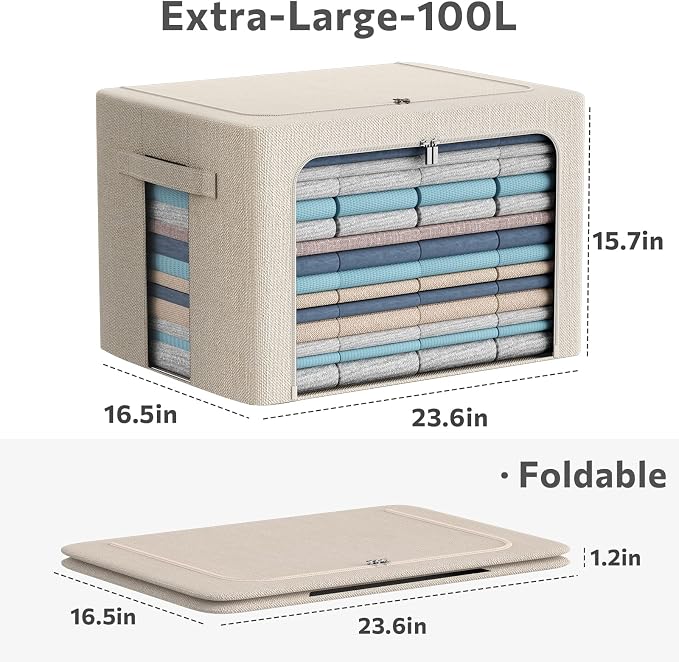 CYhom Extra Large Clothes Storage Bins - Linen Fabric Foldable Stackable Container Organizer Set with Clear Window & Carry Handles & Metal Frame - 2Pack Large Capacity for Bedding, Blankets, Books - Image 4