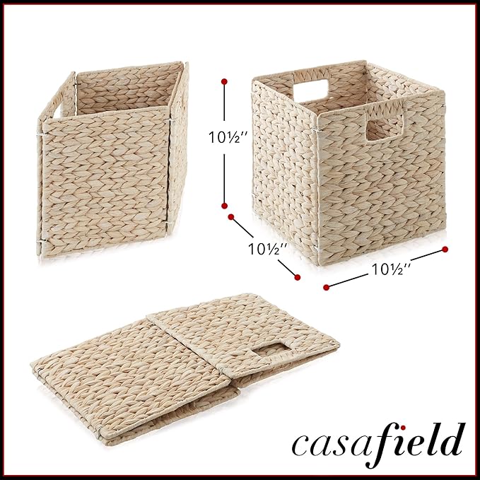 Casafield 10.5" x 10.5" Hyacinth Storage Baskets, Whitewash - Set of 4 Storage Organizers, Woven Wicker Cubes for Bathroom, Bedroom, Laundry, Shelves - Image 3