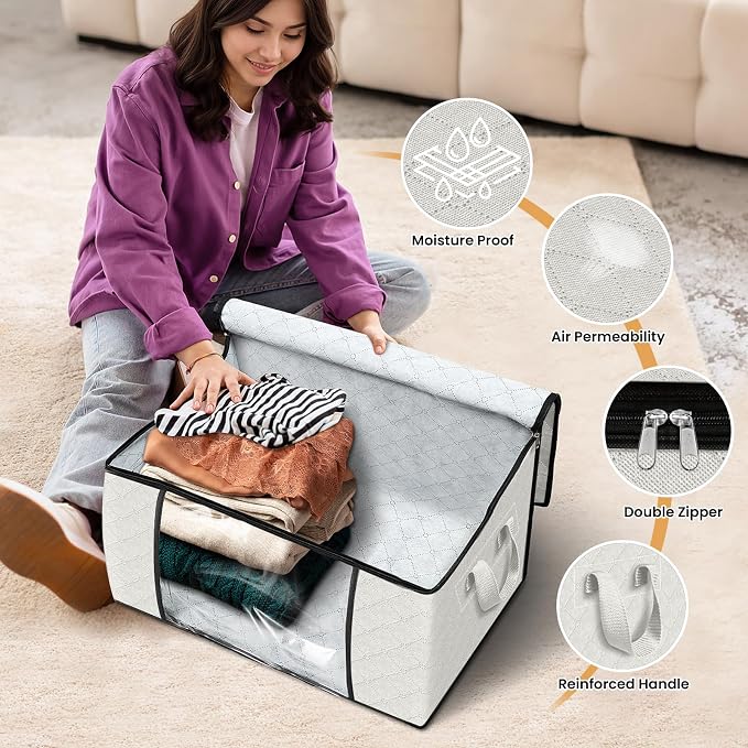 8 Pack Storage Bags for Clothes Blanket Storage Bins with Lids | Foldable Closet Organizers with Zippers,Window and Handles,Fabric Storage Bins for Sweater,Comforter,Bedding,Dorm essentials - Image 4
