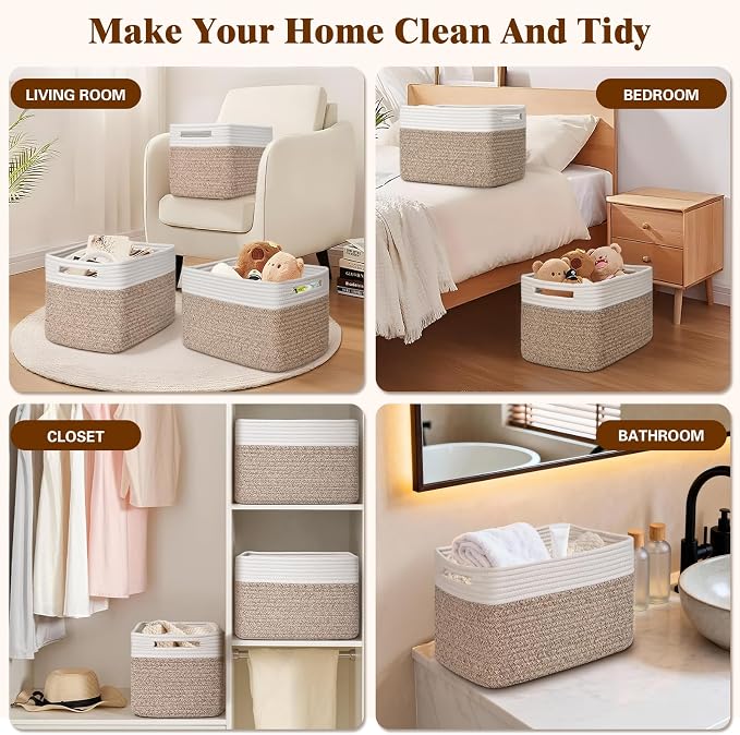 Storage Baskets for Organizing, 4 Pack Baskets for Shelves, Decorative Storage Bins for Shelves, Cotton Rope Storage Basket with Handles, Woven Basket for Storage, 13''Lx8.7''Wx7.9''H, White & Brown - Image 6
