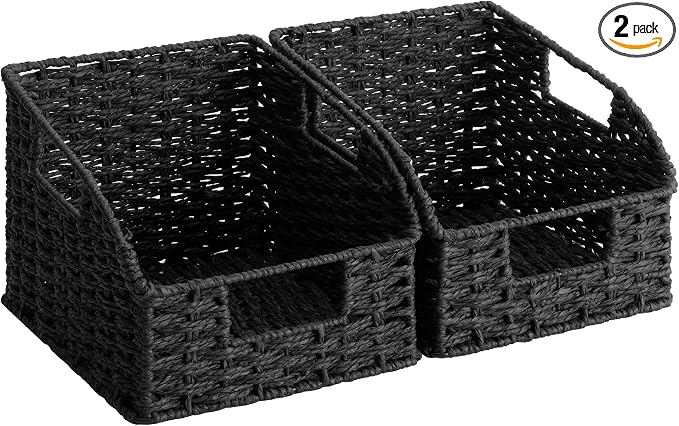 StorageWorks Pantry Organizers and Storage, Black Wicker Baskets, 2-Pack | Paper Rope Wicker Baskets with Handles, Handwoven Pantry Baskets for Shelves,Wicker Storage Baskets for Shelves,Black Baskets by StorageWorks