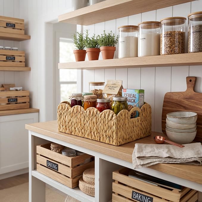 GRANNY SAYS Wicker Basket for Organizing, Shelf Baskets with Scalloped Edge | Scalloped Water Hyacinth Basket, Storage Wicker Basket for Pantry, Water Hyacinth Baskets with Scalloped Edge, Woven Baskets - Image 5