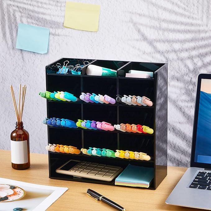 MotiMind Acrylic Pen and Marker Organizer for 150 Markers | 13 Compartments, Vertical Marker Pencil Organizer, Acrylic Pen Display Holder, Art Supply Storage for Desk Stationery, Black - Image 4