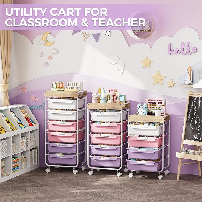 SYKIARIOL Rolling Cart with 6 Drawers,Craft Organizer and Storage,Purple | Utility Storage Cart with Drawers,Art Cart,Makeup Organizer With Wooden Tabletop - Image 8