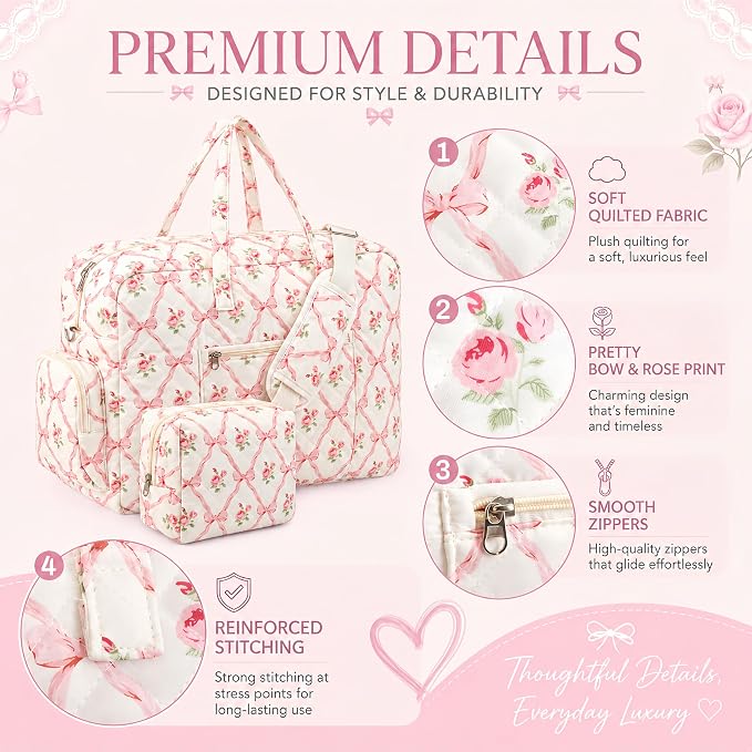 Abbylike Hospital Bag for Women, Quilted Weekender Duffle Bag,Rose - Image 6